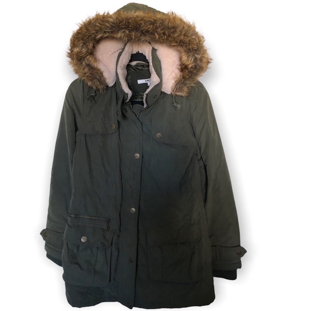 DKNY Anorak Coat faux fur hooded Olive green Size: - Picture 5 of 11